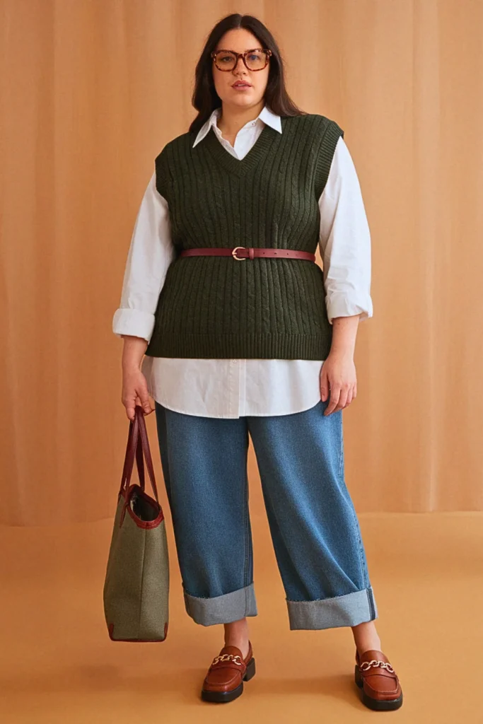 Plus Size Sweater Vest Preppy Fall Outfit