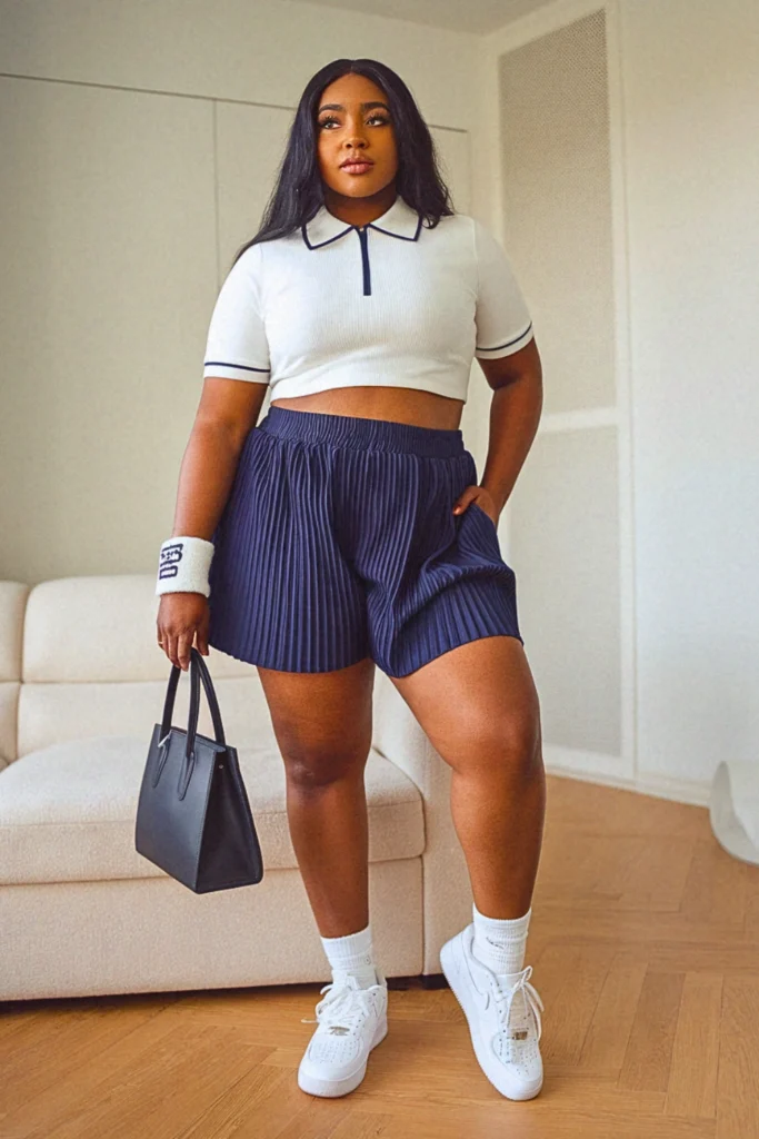 Plus Size Summer Pleated Tennis Shorts and Cropped Polo Outfit