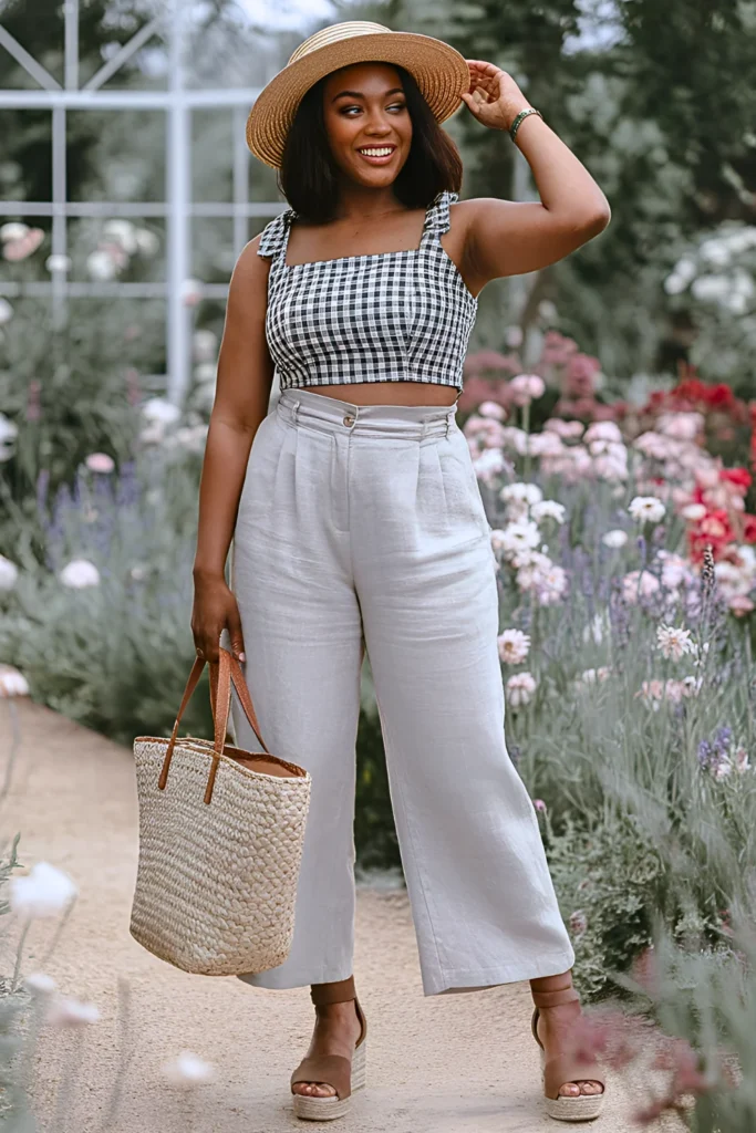 Gingham Crop Top and Linen Trousers