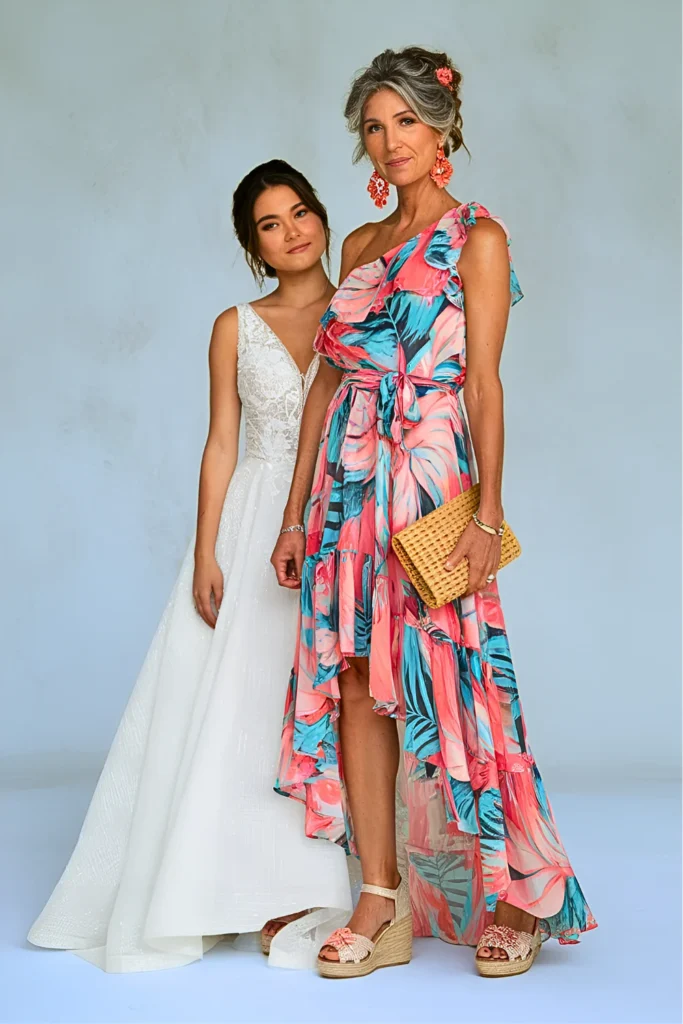 Plus Size Tropical Print High-Low Chiffon Mother of the Bride Dress