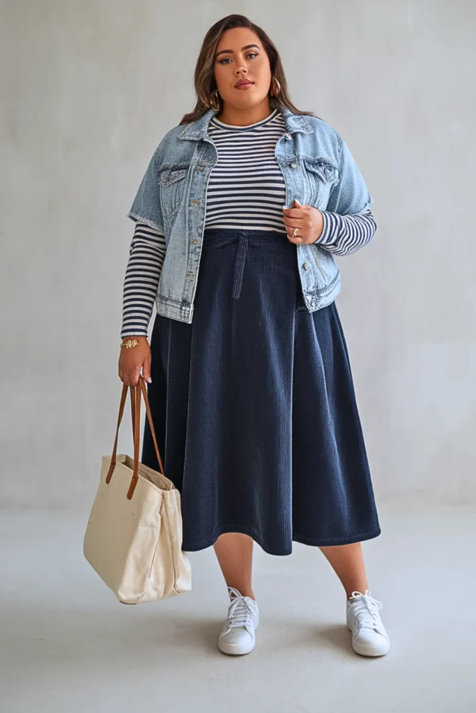 Plus Size Autumn Navy Corduroy A-Line Skirt Outfit