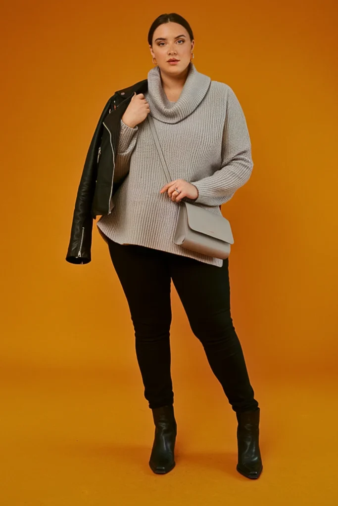 Plus Size Casual Cowl Neck Sweater and Skinny Pants Autumn Outfit