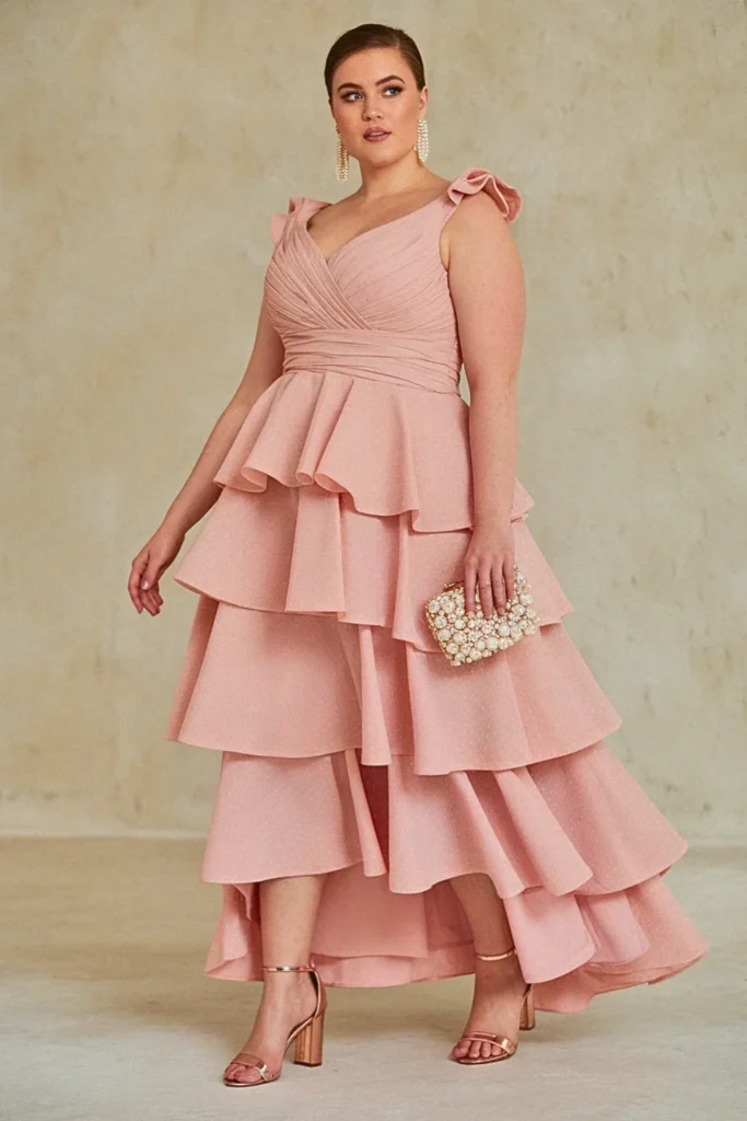 Plus Size Blush Pink Tiered Ruffle Wedding Guest Dress