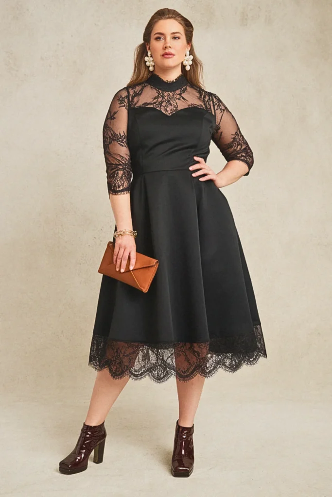 High-Neck Lace Overlay Black Cocktail Wedding Guest Dress