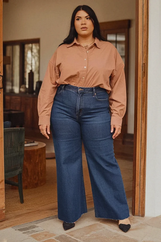 Plus Size Button-Down and Wide-Leg Jeans Fall Outfit