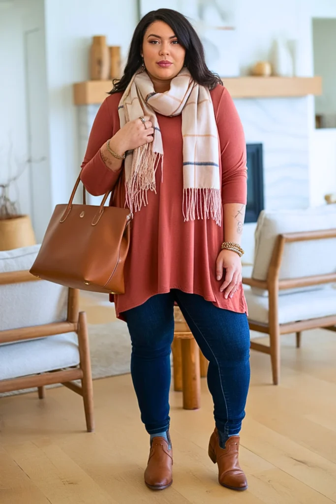 Plus Size Soft Burnt Sienna Tunic Autumn Outfit