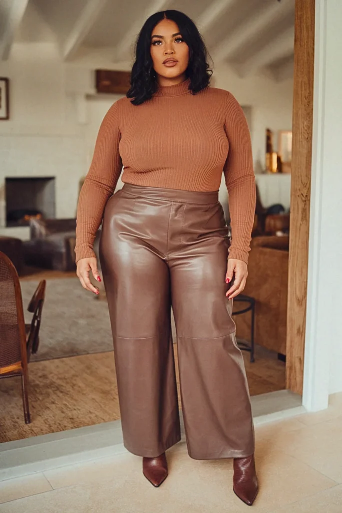 Plus Size Ribbed Bodysuit and Leather Pants Fall Outfit