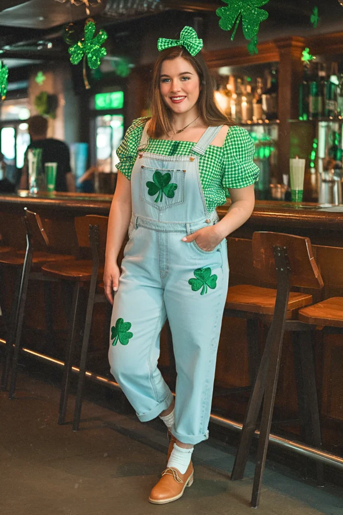 Embroidered Clover Overalls and Puff Sleeve Blouse St. Patrick's Day Outfit