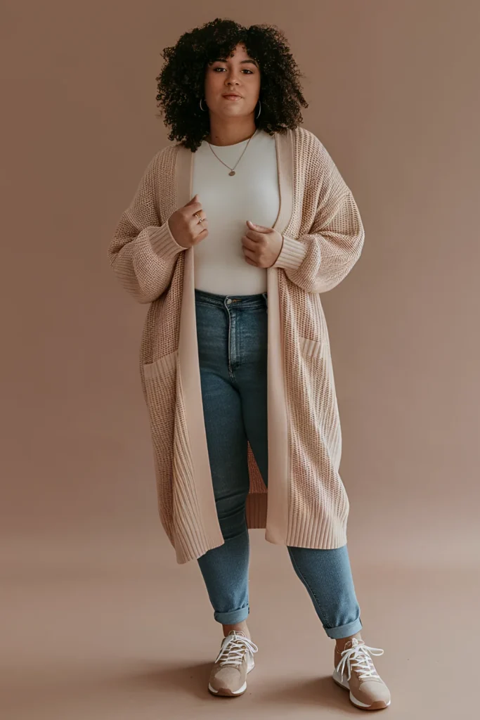 Plus Size Valentine's Long Cardigan, Top, And Skinny Jeans Outfit