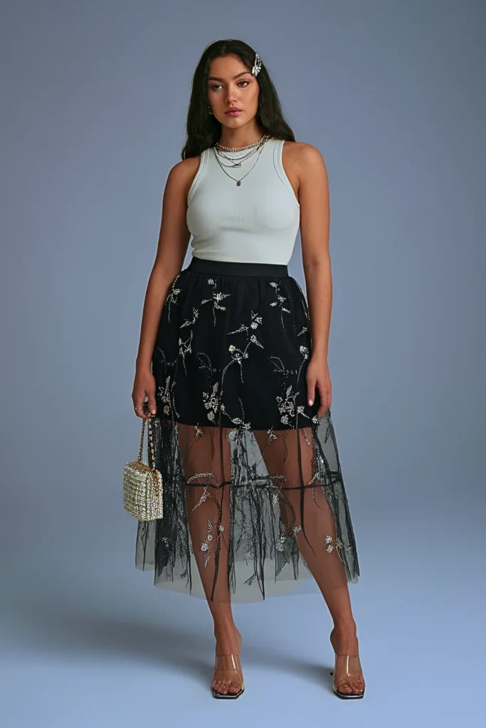 Spring Sheer Paneled Midi Skirt Party Outfit