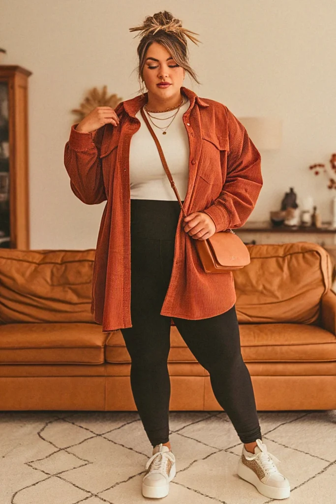 Plus Size Shacket and Leggings Fall Outfit