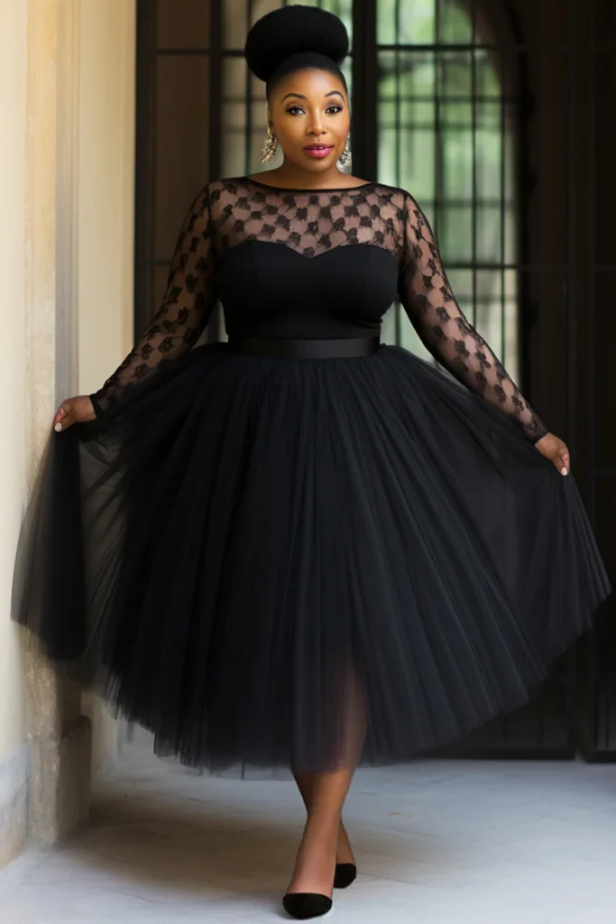 Plus Size Wedding Black Boat Neck Long Sleeve See Through Lace Tulle Midi Dress
