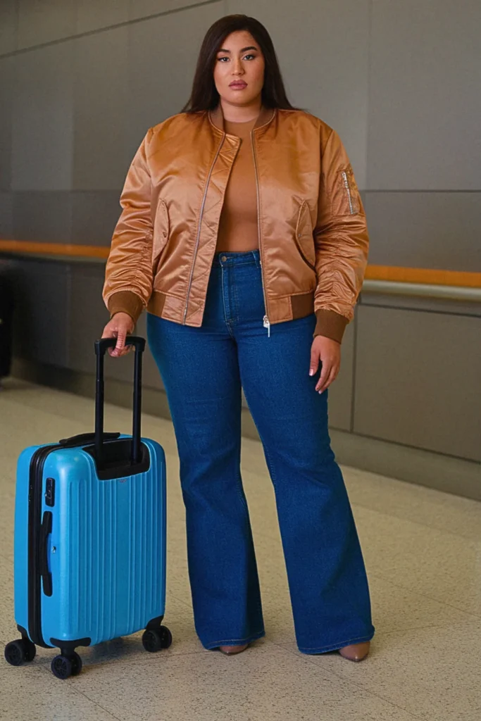 Plus Size Fall Bomber Jacket and Straight-Leg Jean Travel Outfit
