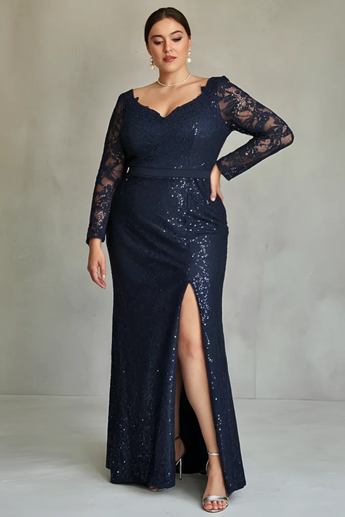 Plus Size Winter Navy Blue Sequin Gown Dress