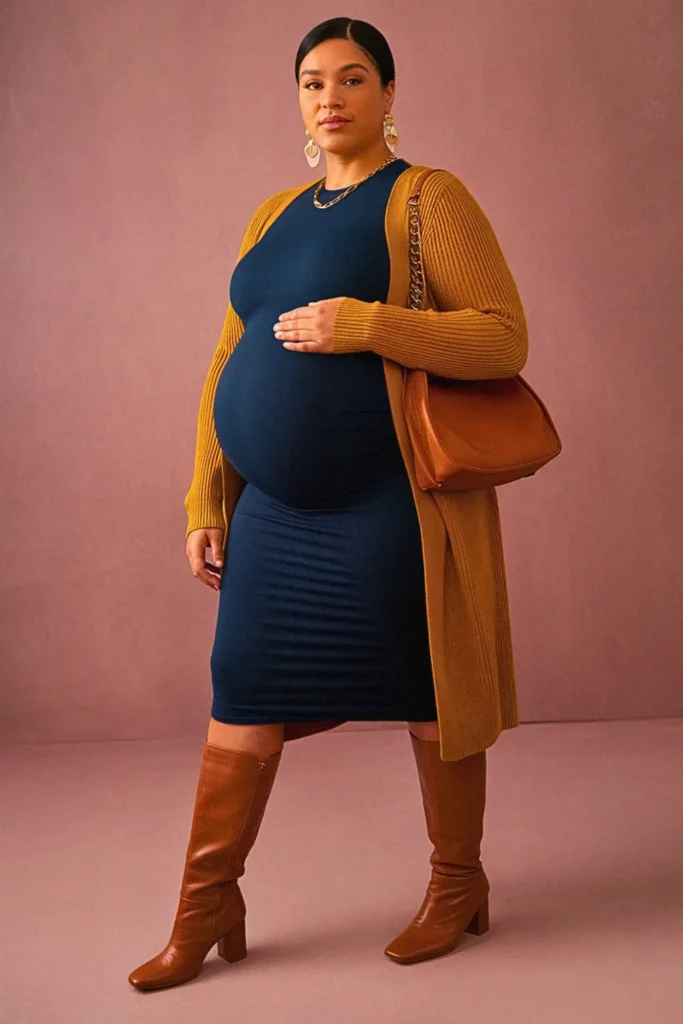 Plus Size Fall Midi Dress and Cardigan Maternity Outfit