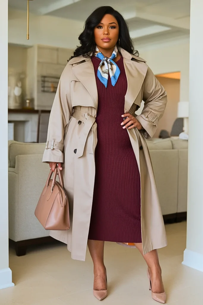 Plus Size Trench Coat Midi Dress Fall Winter Outfit