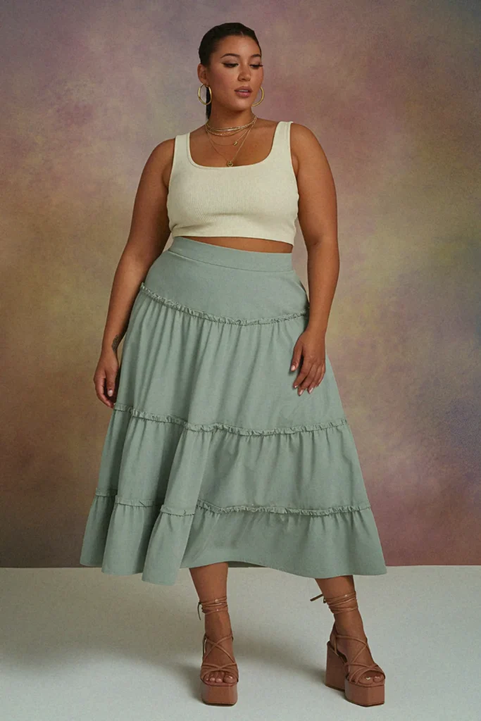 Plus Size Aesthetic Tiered Ruffle Midi Skort Summer Outfit