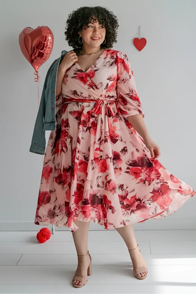 Plus Size Valentine's Pink Floral Dress Outfit