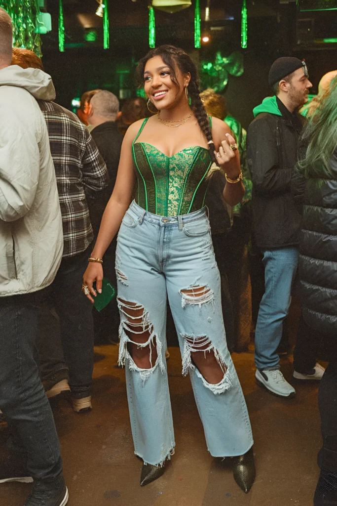 Green and Gold Brocade Corset Top and Jeans St. Patrick's Day Outfit