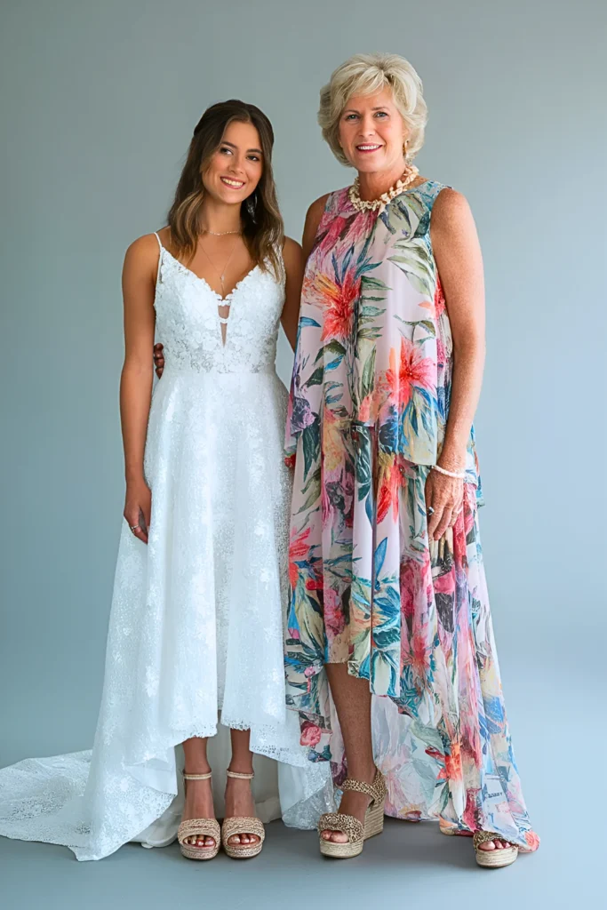 Tropical Floral High-Low Hem Chiffon Mother of the Bride Dress