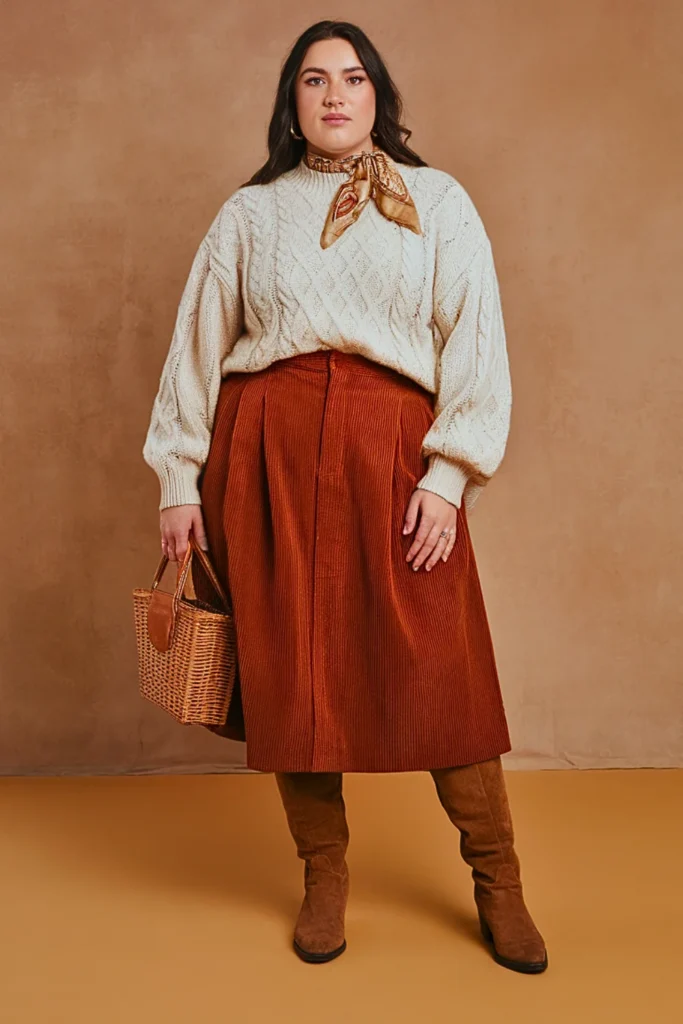 Plus Size Cable Knit Sweater and Midi Skirt Cottagecore Autumn Outfit