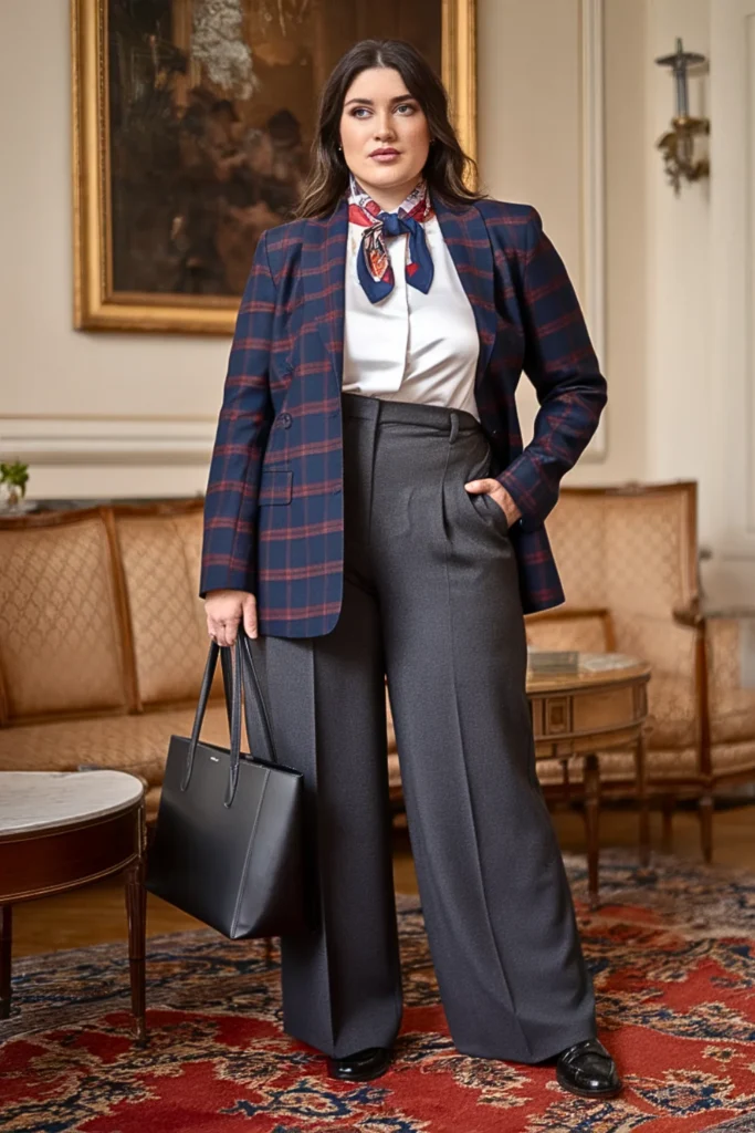 Plus Size Plaid Blazer with Wide-Leg Trousers and Loafers Winter Outfit