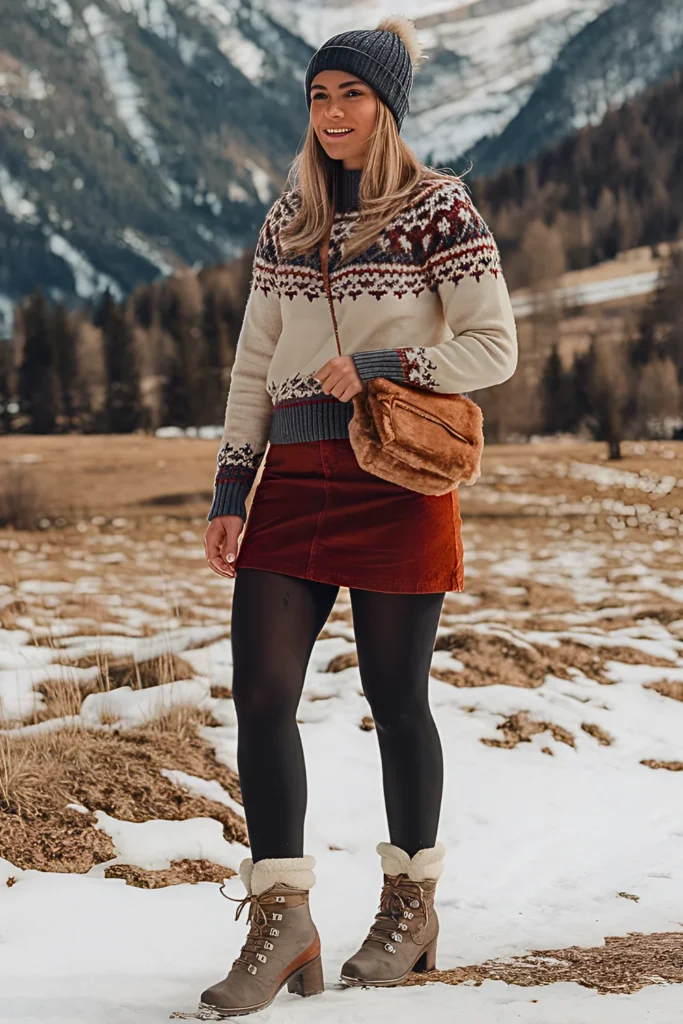 European Fair Isle Sweater & Corduroy Mini Skirt Spring Outfit