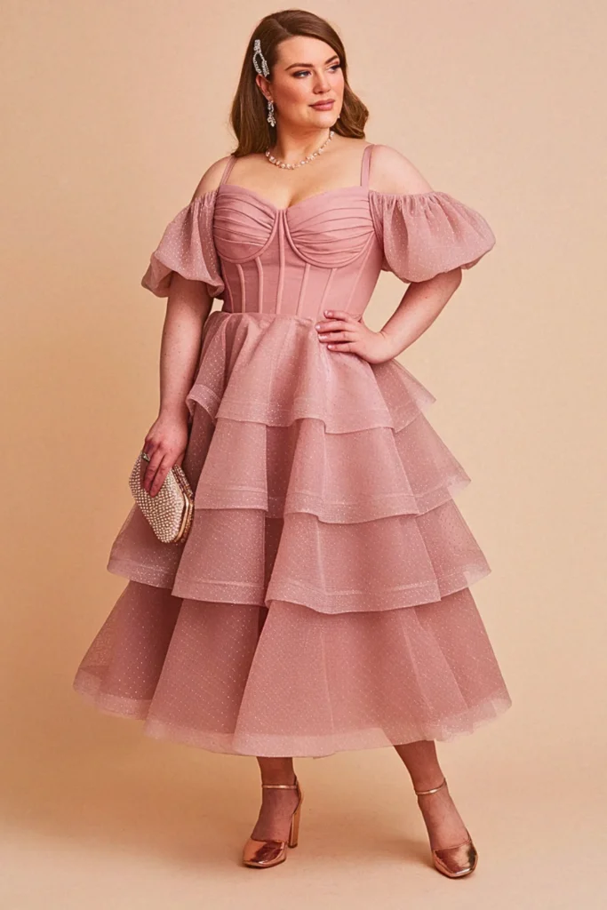 Plus Size Dusty Rose Tulle Tea-Length Wedding Guest Dress