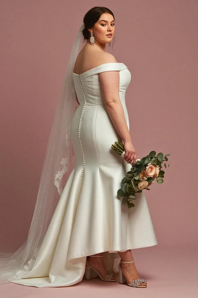 Bardot Neckline Trumpet Silhouette with Illusion Back Wedding Dress
