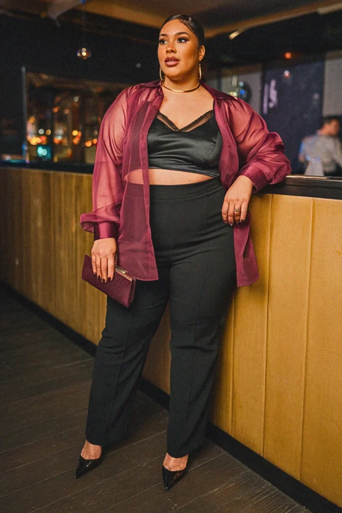 Plus Size Fall Sheer Blouse and Camisole Going Out Outfit