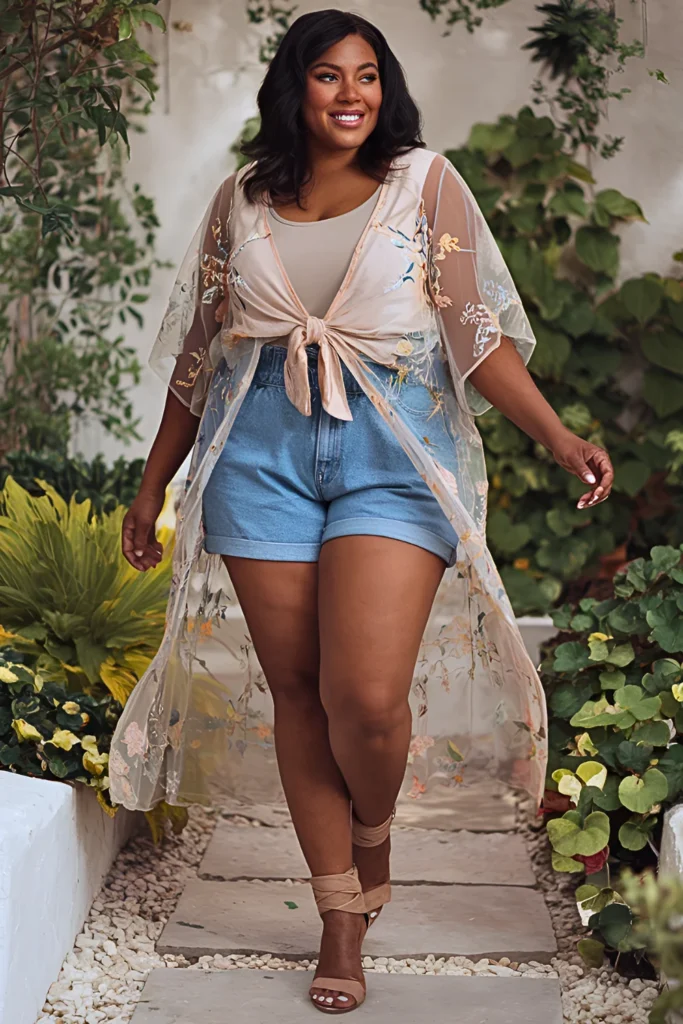 Plus Size Embroidered Kimono and Paperbag Shorts Hippie Spring Outfit