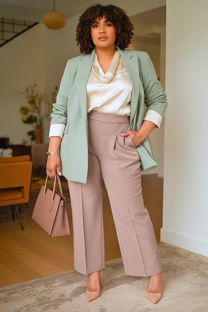 Plus Size Soft Sage Green Blazer Autumn Outfit