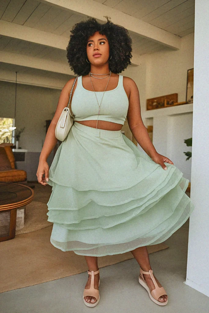 Plus Size Summer Gauze Overlay Long Skirt Outfit