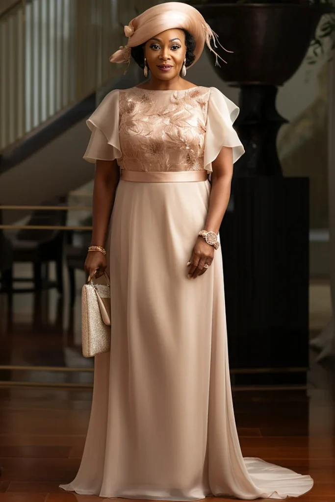 Plus Size Mother Of The Bride Champagne Round Neck Short Sleeve Pocket Tulle Maxi Dress