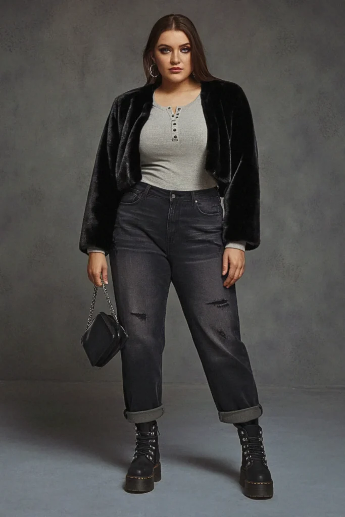 Plus Size Fall Faux Fur Jacket Grunge Outfit