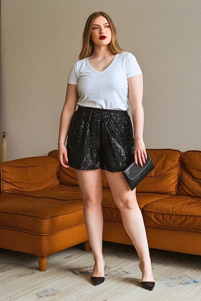 Plus Size Summer Sequin Shorts and Basic Tee Outfit