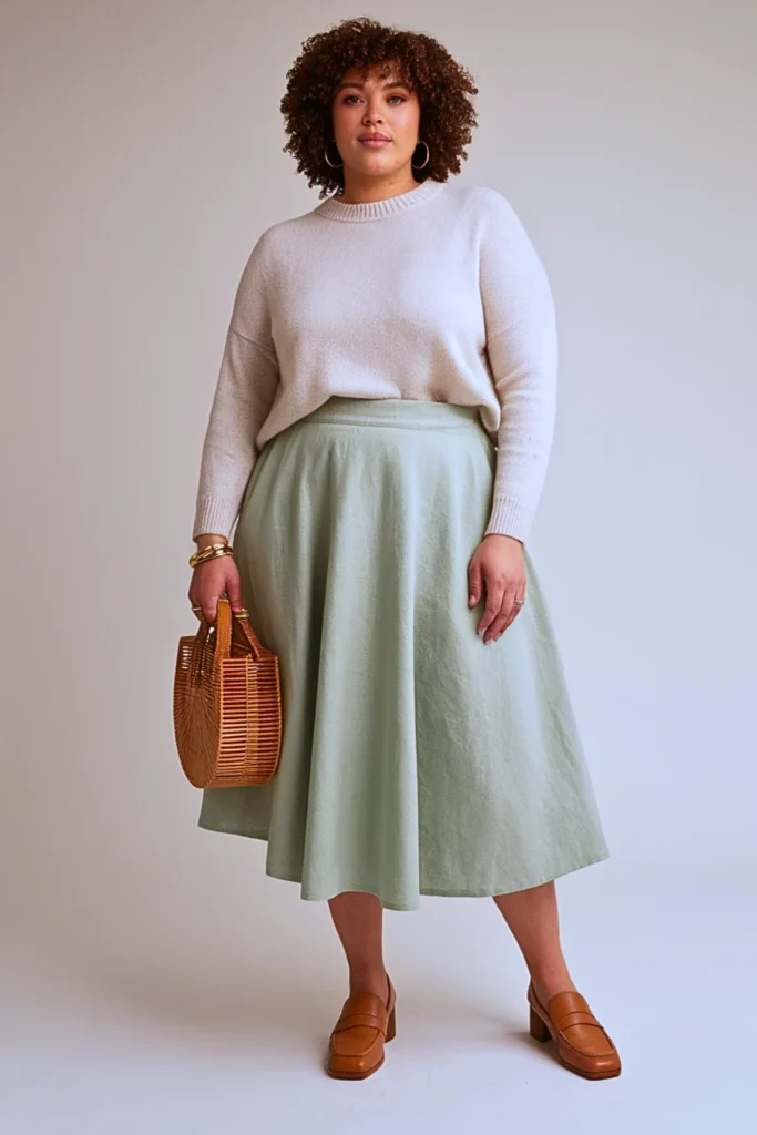Plus Size Autumn Sage Green Linen A-Line Skirt Outfit