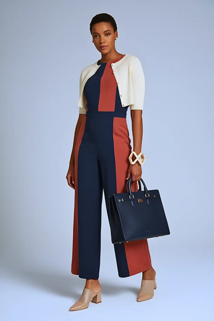 Spring Colorblock Silk Jumpsuit Office Outfit