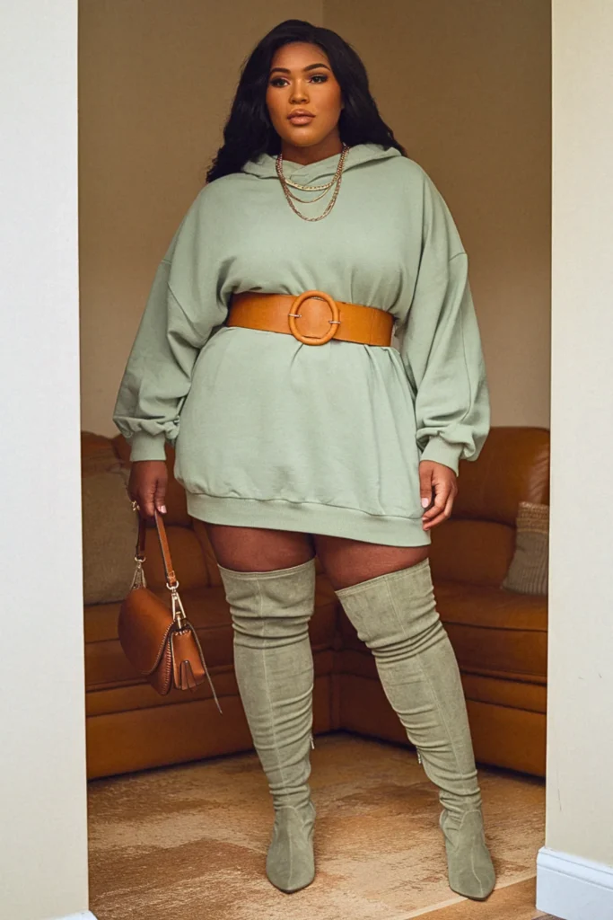 Plus Size Hoodie Dress and Thigh Boots Fall Outfit (2)