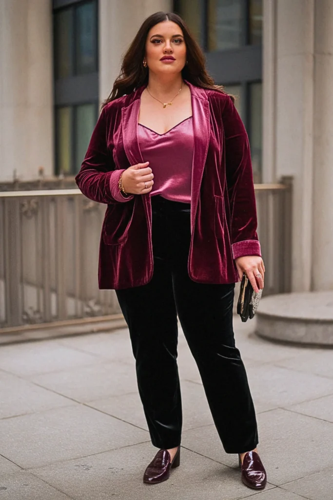 Plus Size New York Velvet Jacket and Slim Pants Fall Outfit