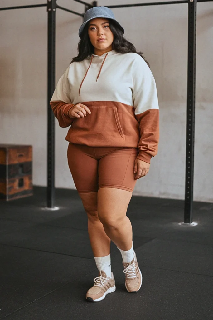 Plus Size Fall Color-Blocked Hoodie and Matching Shorts Athleisure Outfit