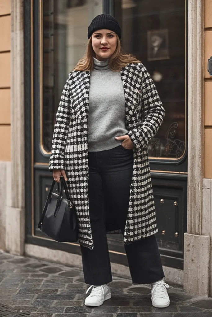 Plus Size Houndstooth Coat with Straight-Leg Jeans and Sneakers Winter Outfit