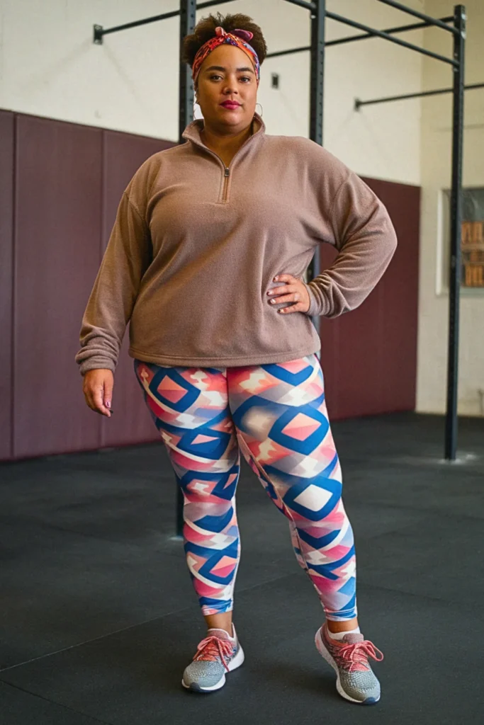 Plus Size Fall Fleece Pullover and Printed Leggings Athleisure Outfit