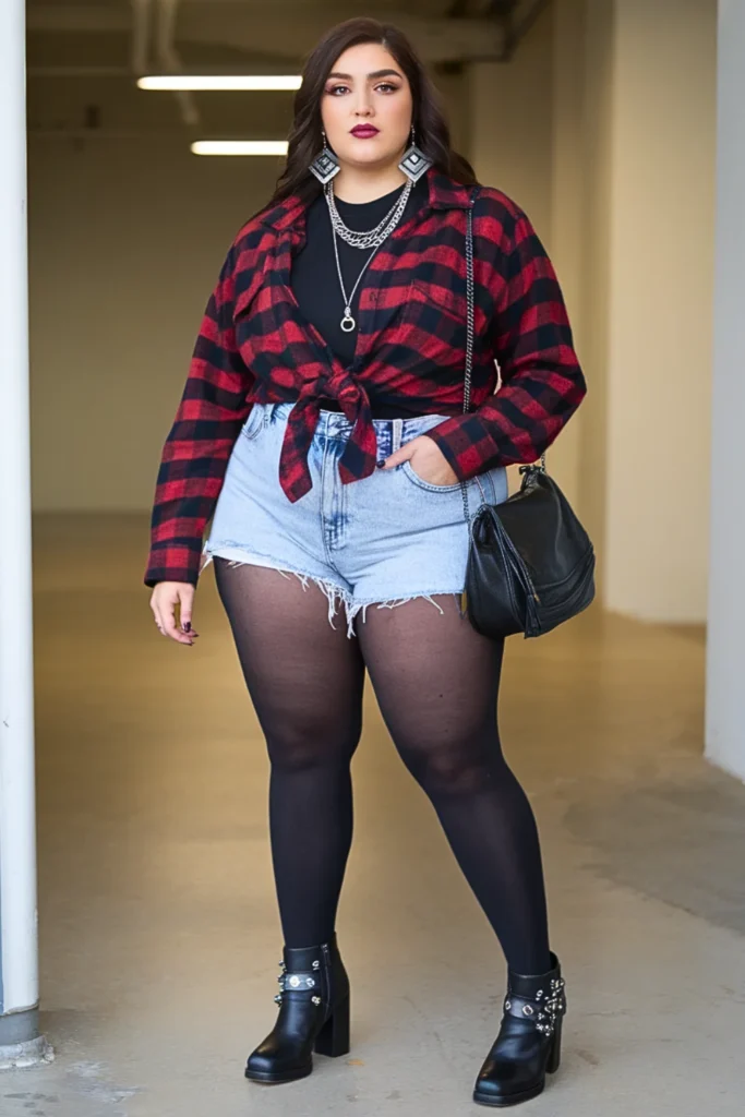 Plus Size Flannel Shirt Denim Shorts Fall Outfit