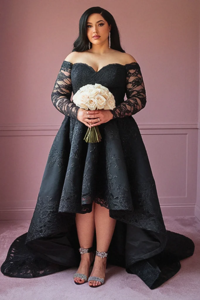 Plus Size Off-Shoulder Lace Overlay Black Wedding Dress