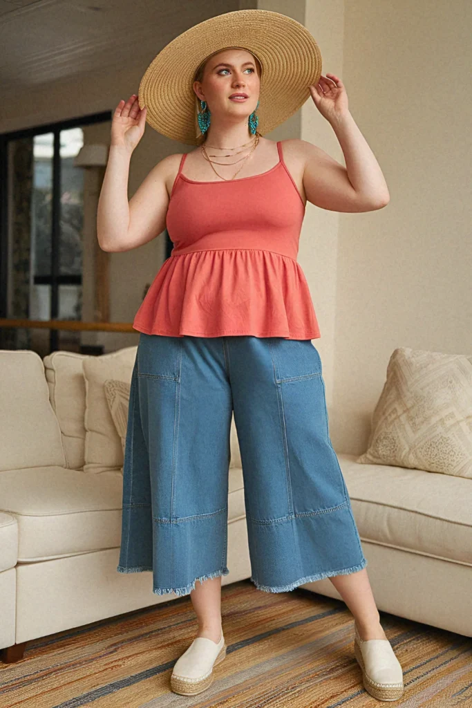 Plus Size Summer Stretch Denim Culottes Vacation Outfit