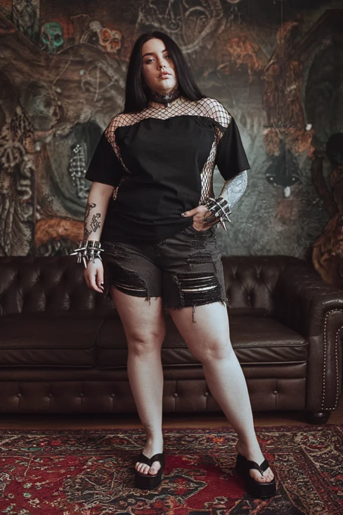 Plus Size Fishnet Panel Tee Summer Goth Outfit