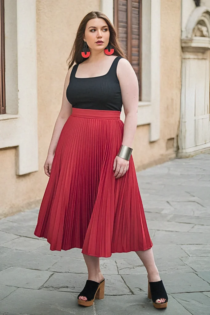 Plus Size Summer Box-Pleat Midi Skirt and Ribbed Tank European Outfit