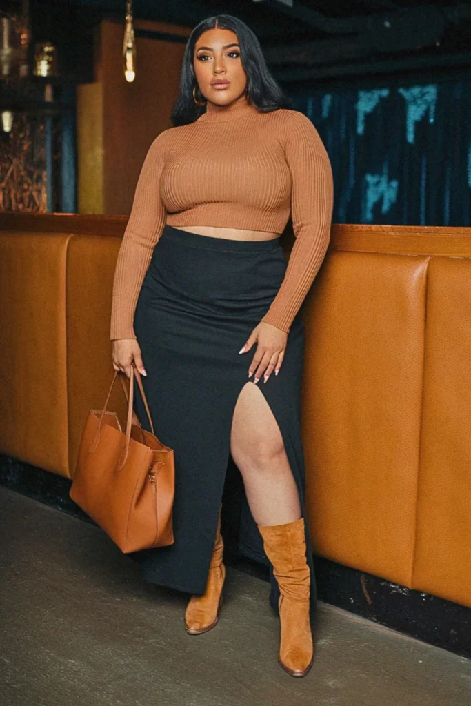 Plus Size Fall Cropped Sweater and Maxi Skirt Going Out Outfit