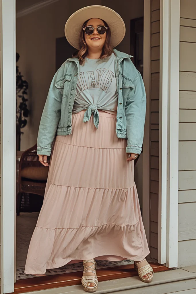 Plus Size Tiered Maxi Skirt and Graphic Tee Spring Mom Outfit